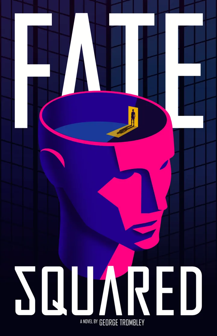 Cover of Fate Squared — a stylised magenta and indigo head opening to reveal a figure in a glowing doorway